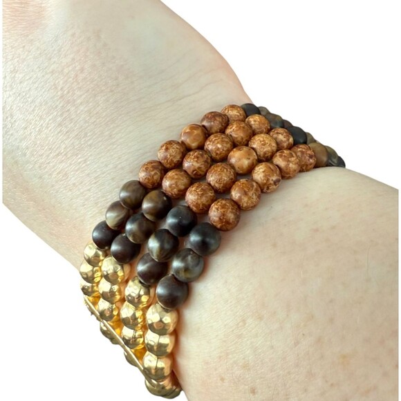 J. Jill Beaded Bracelet Stretch Wood Gold Tone Multi Strand Rustic Boho Earthy - Picture 8 of 10